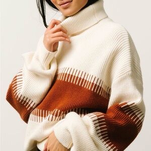 Baltic Born Cream and Brown Colorblock Turtleneck Sweater